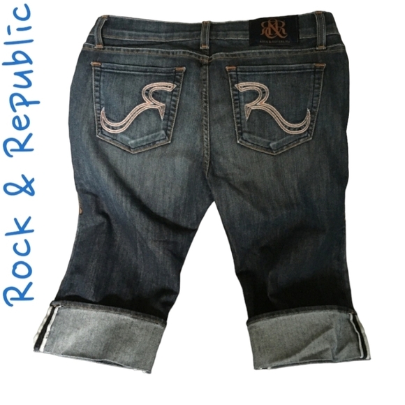 Rock & Republic Double R Embroidered Jeans Womens Size 6 28 capri stitch cuff - Picture 3 of 16